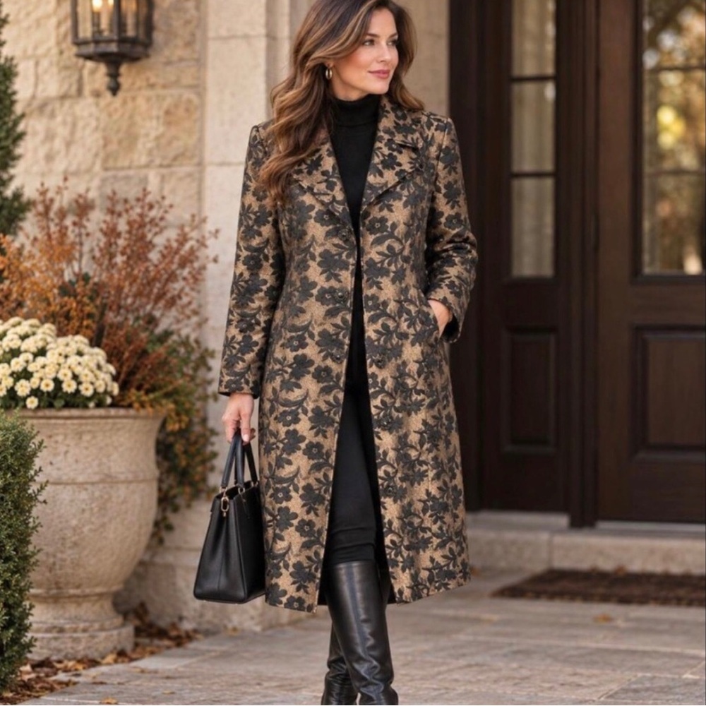 Vintage George Metallic Bronze Black Brocade Floral Duster Trench Coat Size 8